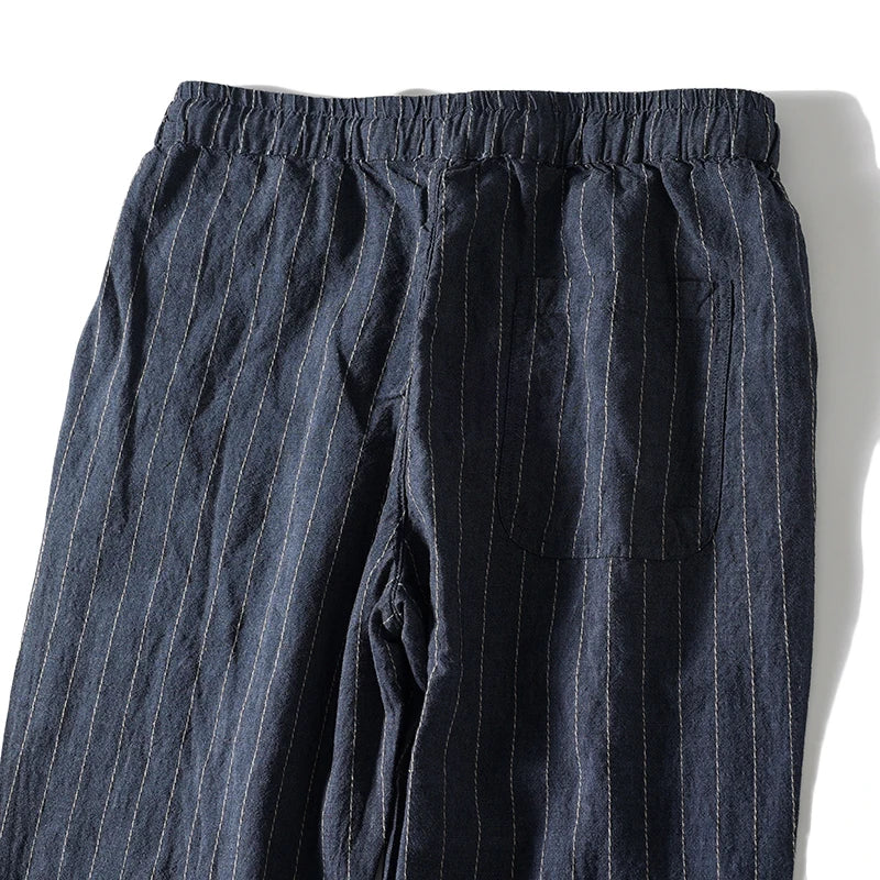 Cotton and Linen Comfortable Men's Fashion Trend Summer Pure Straight Stripe Thin Breathable Solid Color Loose Casual Pants
