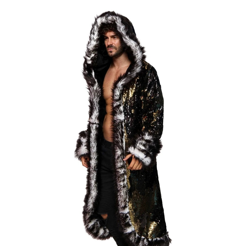 New LED Costume Faux Fur Coat Long Hooded Flash Clothes Burning Man Clothing Men's Faux Fur Coat