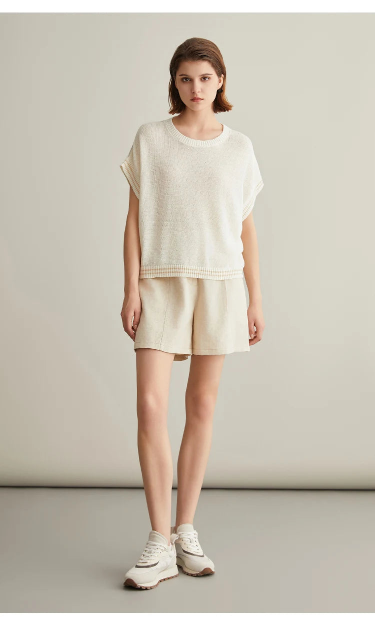 BC656 Western Style Luxury Brand Women's Clothing Summer Sequin Ladies Knitted Pullover 100% Linen Sweaters For Women