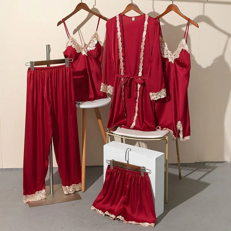Spring Summer 5PCS PAJAMAS SET Sexy Lace Trim Bath Robe Nightgown Female Satin Cami Pijamas Suit Loose Home Clothes Lounge wear