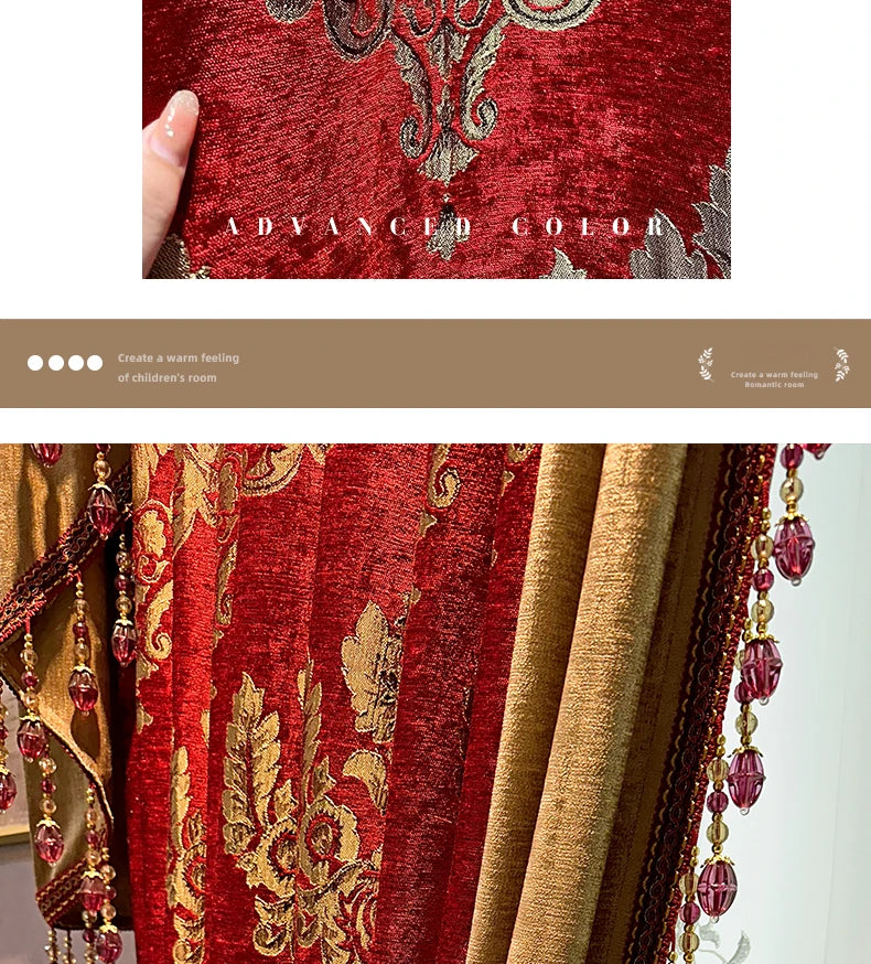 Red Gilded Jacquard Thickened Chenille Patched Curtains for Living Room Bedroom French Window Villa Customization Valance
