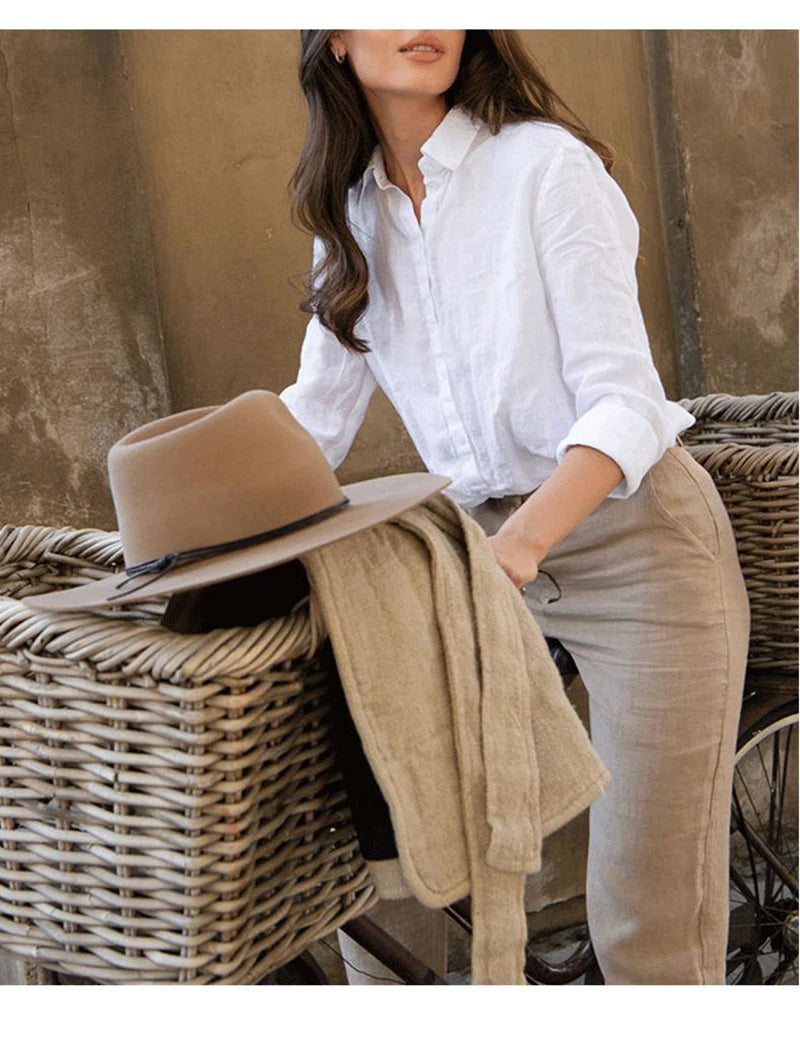 100% Linen White Shirts And Blouses Turn Down Collar Long Sleeve Tops  Chic Elegant Ol Women'S Shirt Camisas De Mujer
