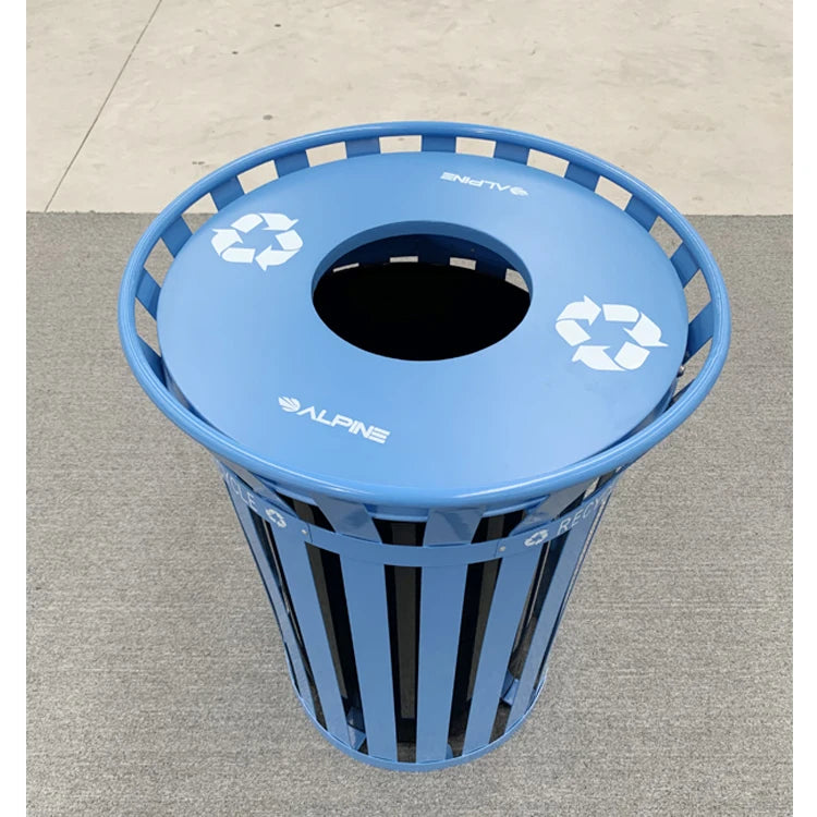 popular blue color round steel iron big garbage can container outdoor garden dustbin metal commercial waste trash bins for parks