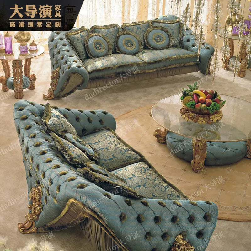 European style solid wood carved gold foil sofa, palace French luxury fabric sofa, villa living room furniture customization