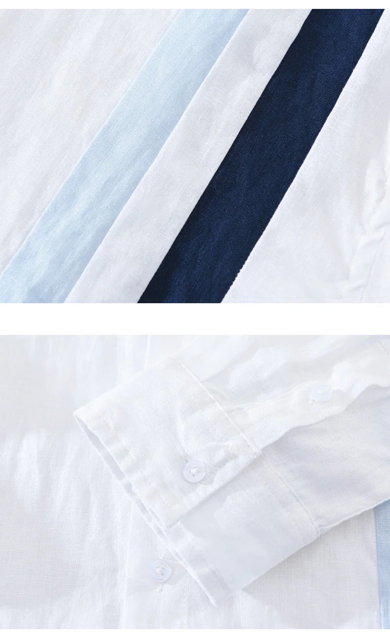 2024 New 100% Linen Long Sleeve Shirt for Men Loose Shirts No Bounce Fashion Striped Patchwork Men's Clothing