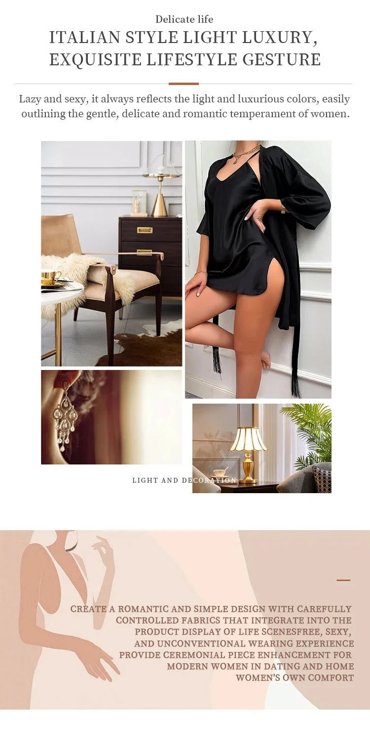 Silk Satin Women Nightgown Set Sleeveless V Neck Dress & Quarters Sleeves Waist Belt Robe 2 Pieces Female Sleepwear Nightwear