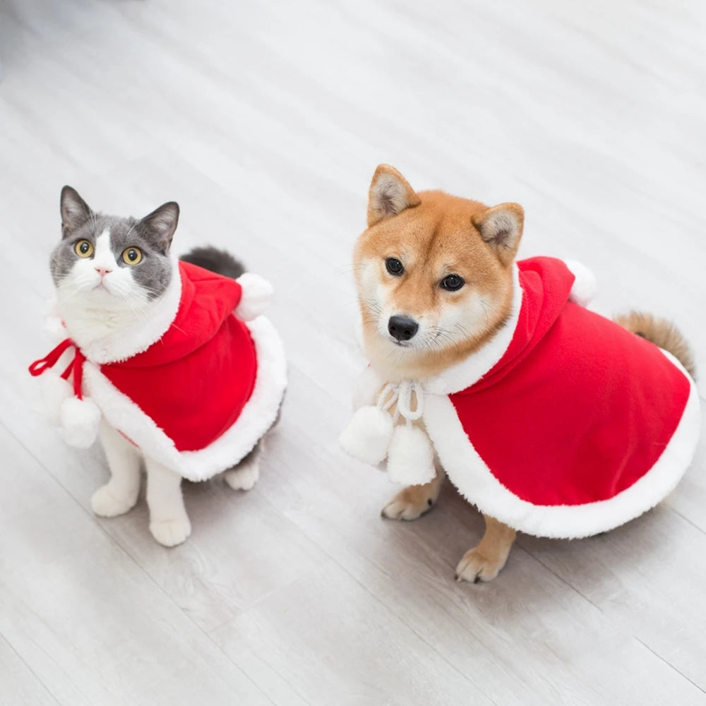 Winter Cat Costume Santa Cosplay Funny Transformed Cat Dog Pet Christmas Cape Dress Up Clothes Red Scarf Cloak Props Decoration