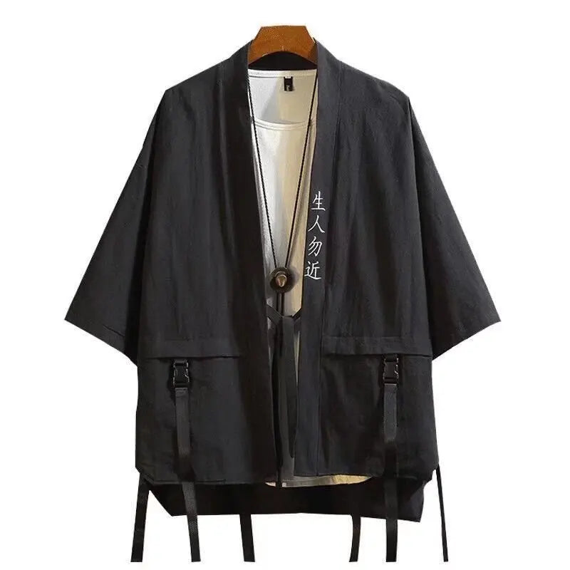 Japanese Traditional Black Kimono Cardigan Diablo Samurai Ninja Cosplay Suit Chinese Hanfu Style Coat Streetwear Top and pants