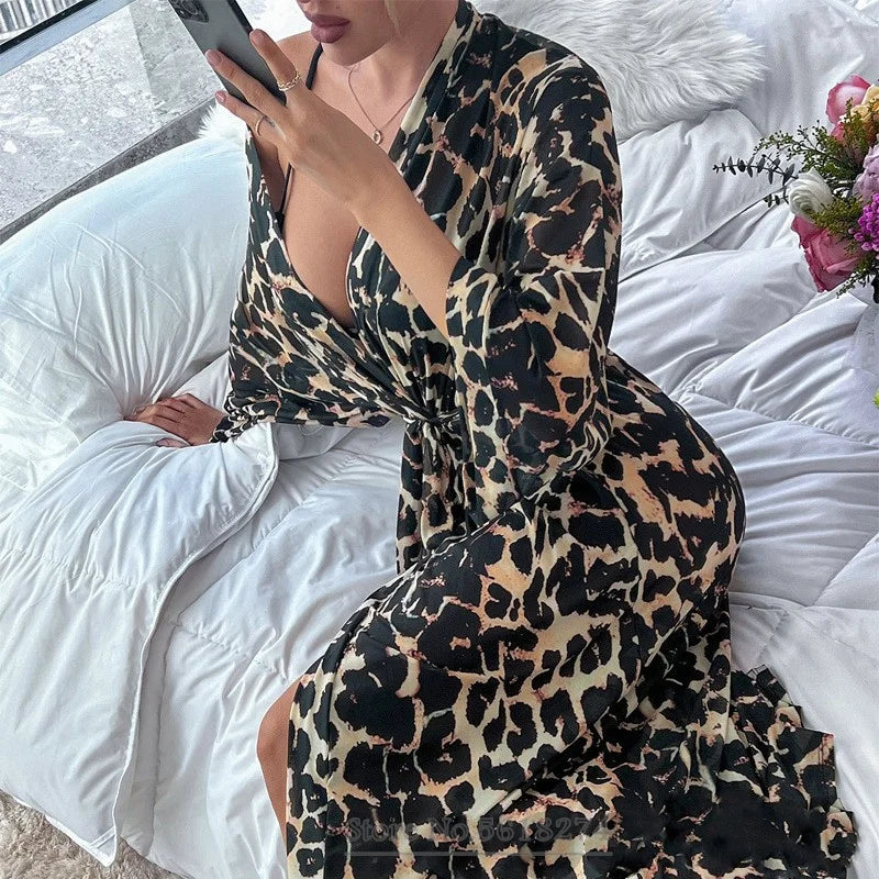 Long Leopard Kimono Bathrobe Robe Sexy Loungewear Nightgown Women Summer Home Dressing Gown with Belt Satin Nightwear Sleepwear