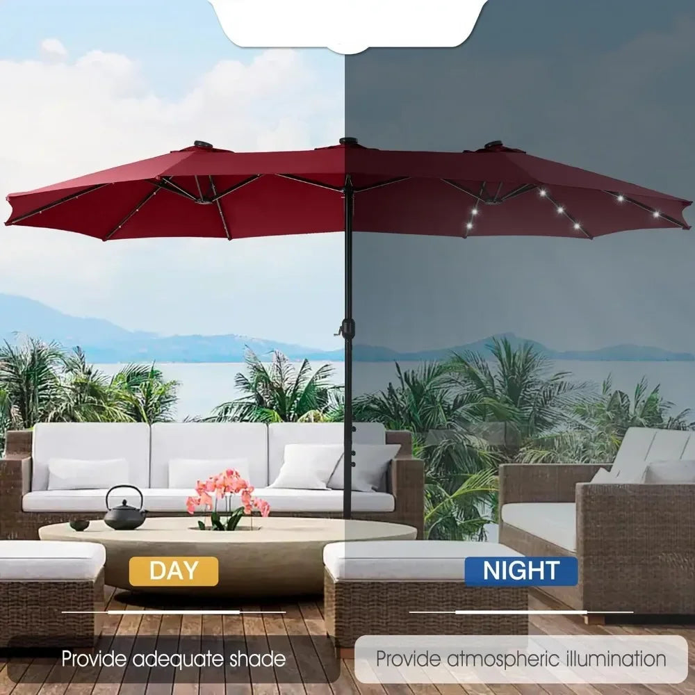 15 ft Extra Large Patio Umbrella with Solar Lights, Rectangular Outdoor Umbrella with Base Included,  Dark Red