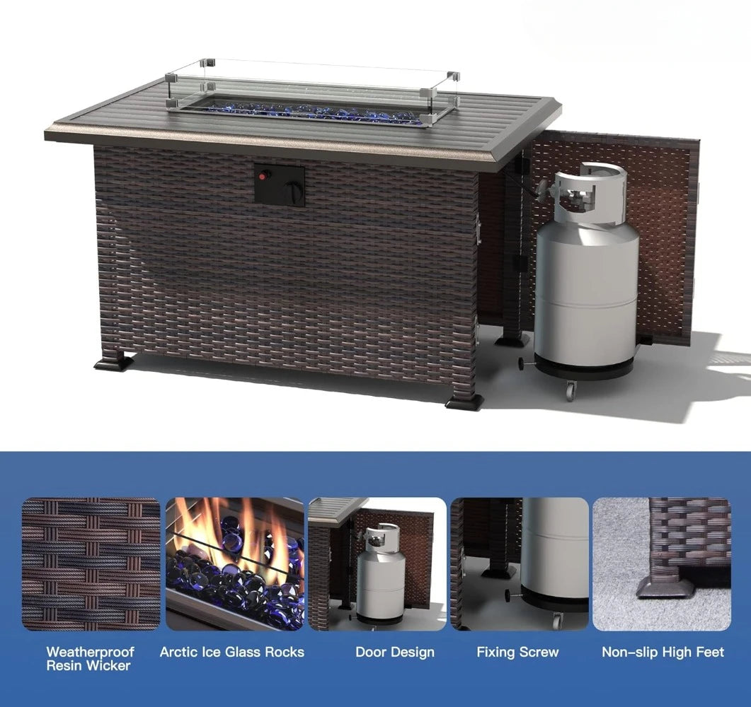 15Pieces Outdoor Patio Furniture Set with 43" Gas Propane Fire Pit Table PE Wicker Rattan Sectional Sofa Patio Conversation Sets