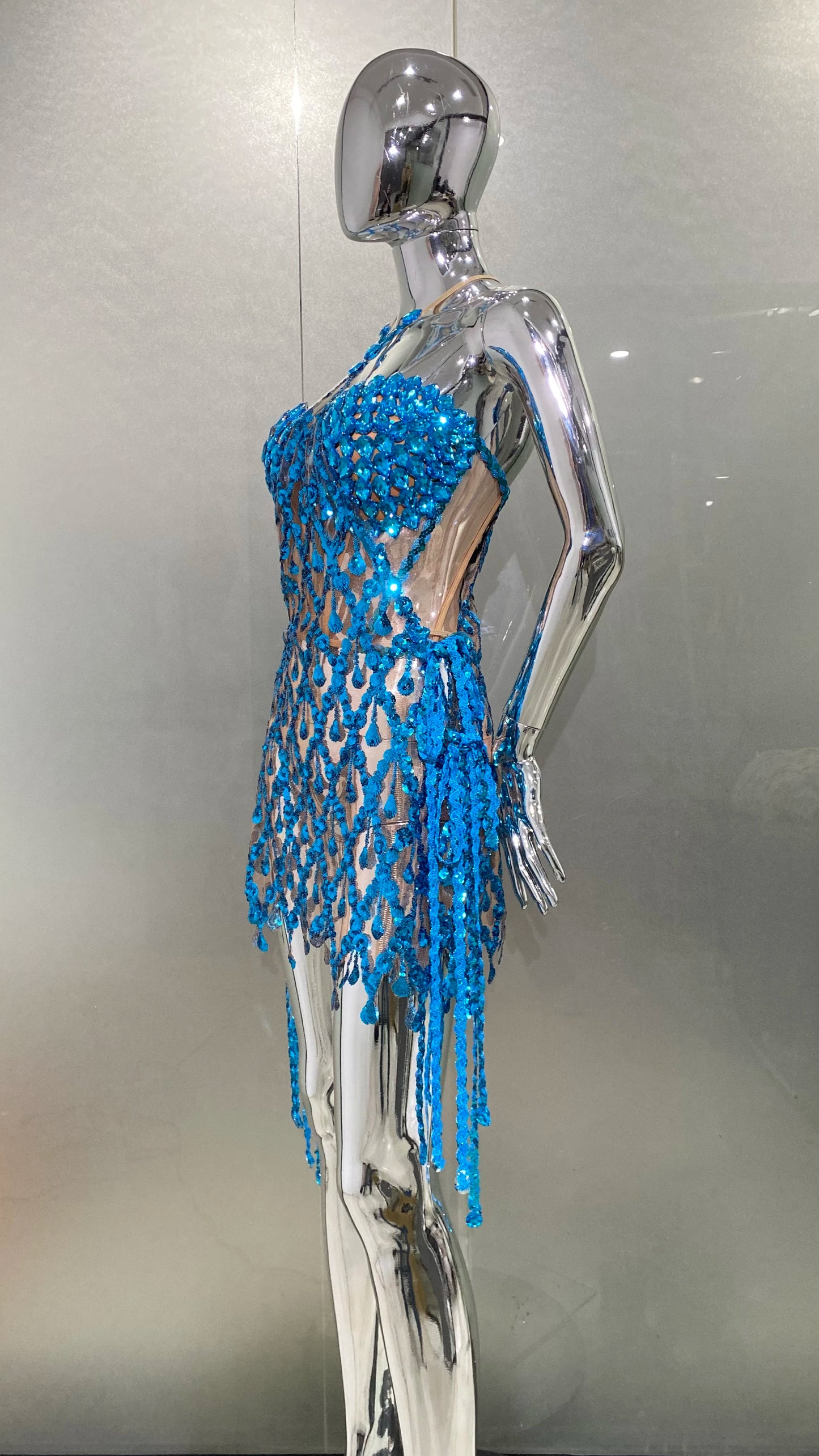 Blue Sequins Shining Diamonds Long Tassel Sleeveless Mini Dress 2 Pieces High Quality Birthday Party Outfit Performances Costume
