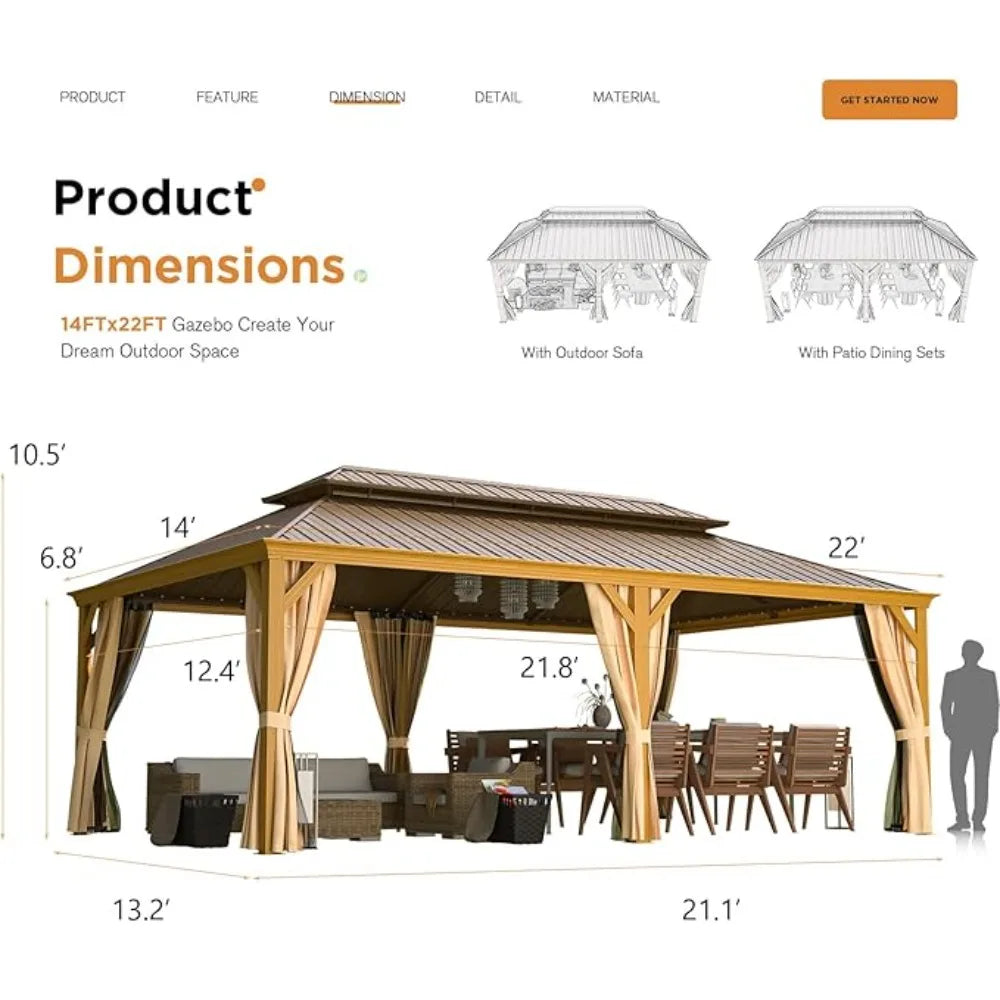 14 'x 22' wooden hardtop pavilion, galvanized steel double-layer roof, aluminum frame, with mesh and curtains