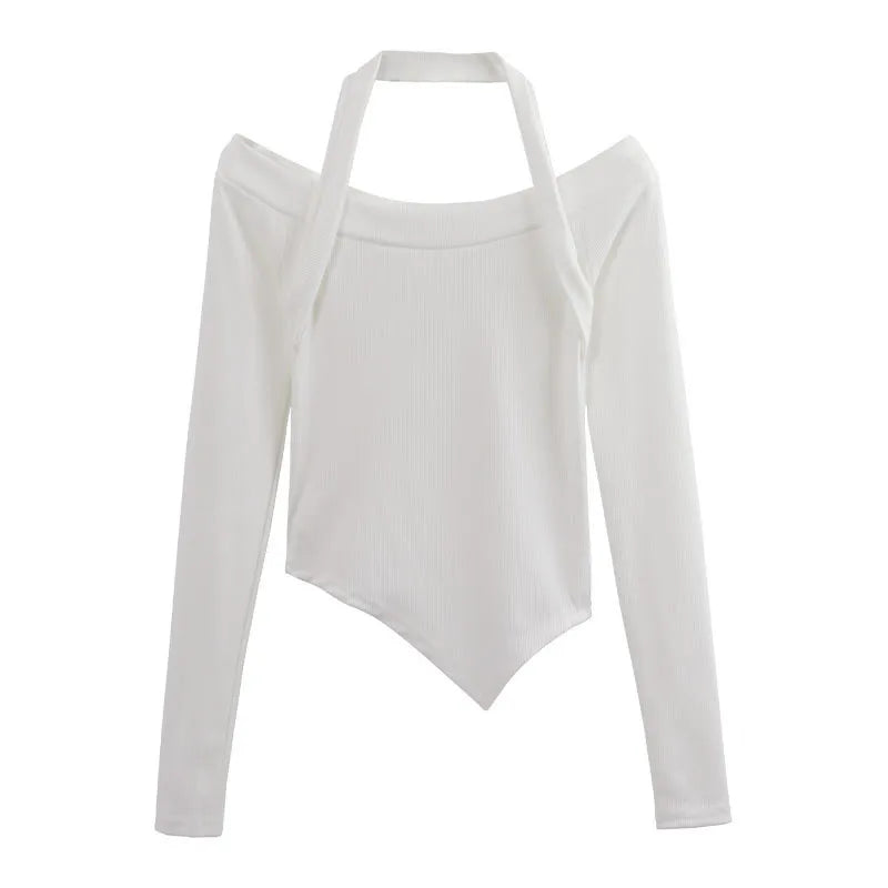 2024 Sexy Halter Off Shoulder Crop Tops Woman Long Sleeve Black Kpop Y2K T-shirt Women Slim Sexy Vintage Tee Shirt New Autumns