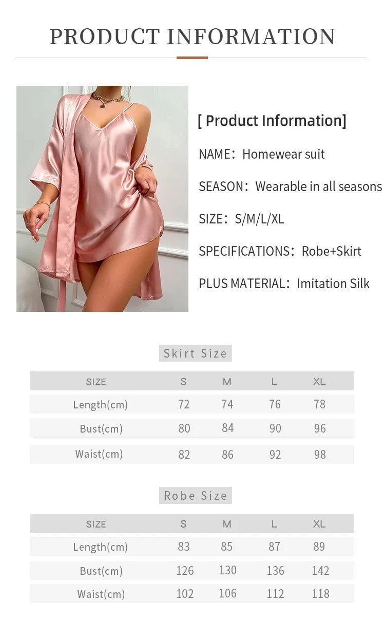 Silk Satin Women Nightgown Set Sleeveless V Neck Dress & Quarters Sleeves Waist Belt Robe 2 Pieces Female Sleepwear Nightwear