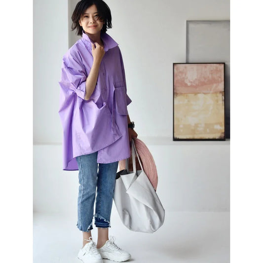 Women's Irregular Cotton Lapel Five-Point Sleeve Blouse, Large Size Shirt, Elegant Blouses for Youth, Medium Length