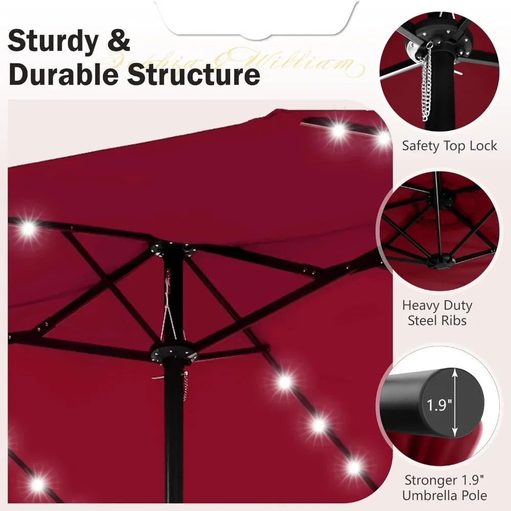 15 ft Extra Large Patio Umbrella with Solar Lights, Rectangular Outdoor Umbrella with Base Included,  Dark Red