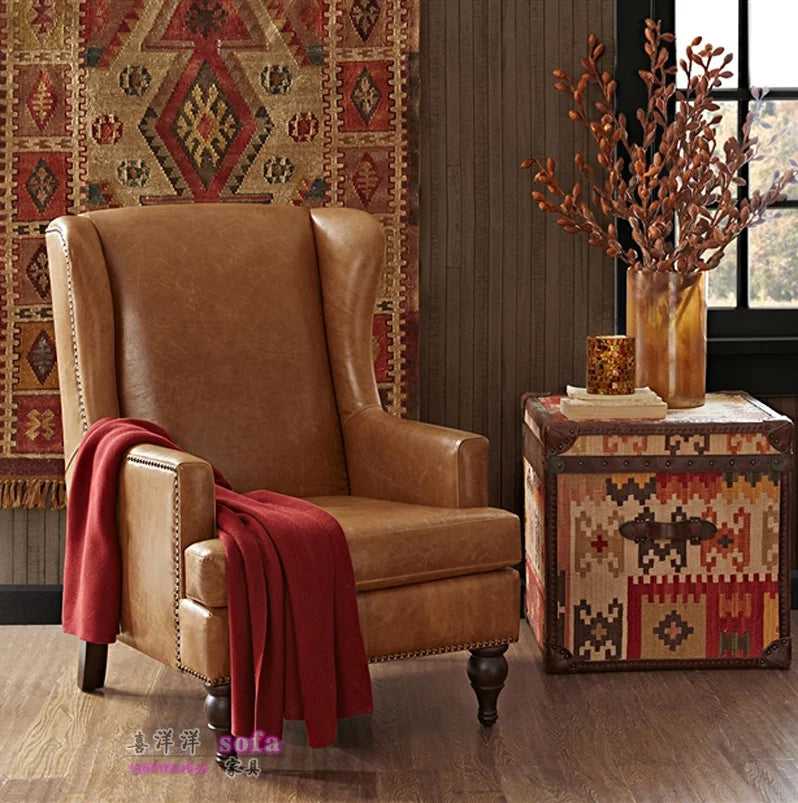 YY Single Leather Small Leather Living Room Nordic First Layer Cowhide Wingback Chair Leather