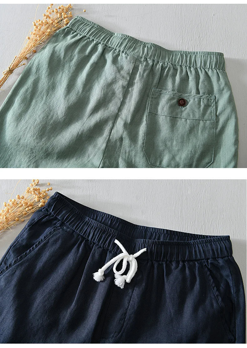 Summer New Simple 100% Linen Shorts for Men Clothing Solid Color Streetwear Men Pants B8103