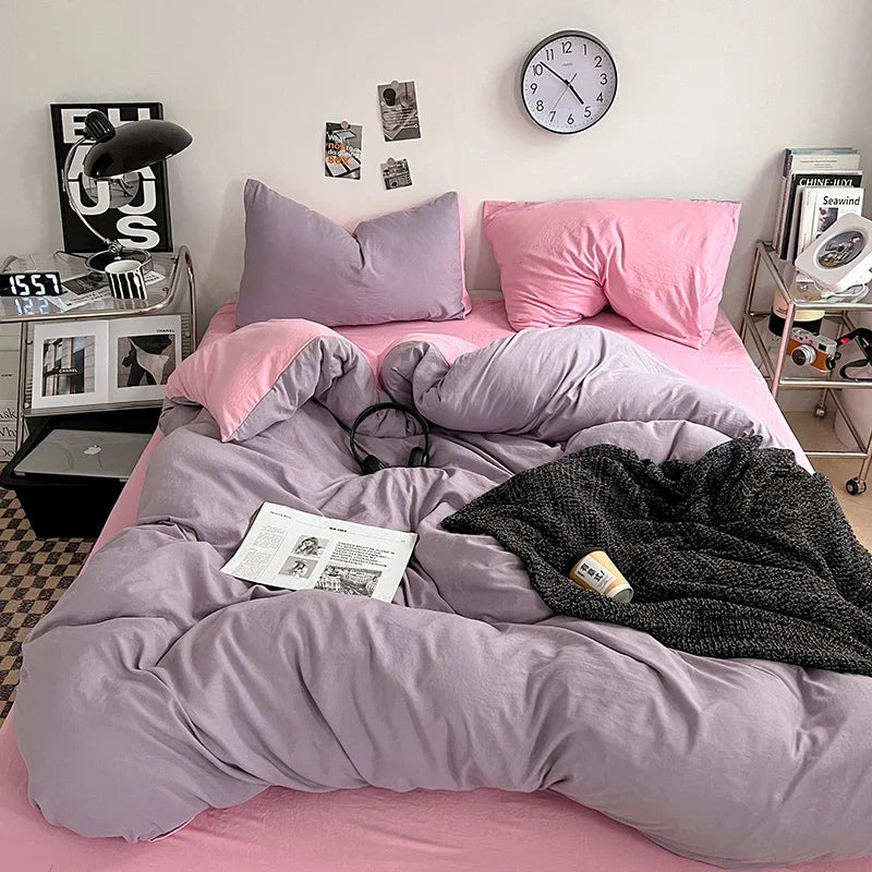 Solid Color Duvet Cover Set 100% Washed Cotton Bedding Set Super Soft Comfortable Lightweight Comforter Cover with 2 Pillowcases