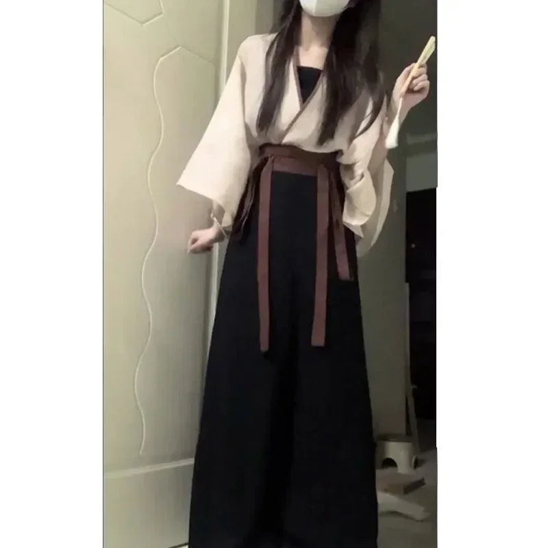 2023 Summer Improved Cotton Linen Hanfu Dress 3pcs Chinese Traditional Women's Clothing Japanese Lace Up Kimono Cosplay Heroine