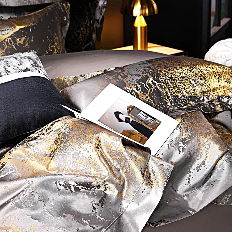 Luxury Silver Gray gold Satin Jacquard Bedding Set 1000TC Egyptian Cotton Queen King Size Duvet Cover Set Bed Sheet Pillowcases