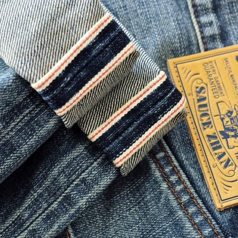 Saucezhan Mens Jeans Distressed  Moustache Effect Wash  Selvedge Denim Jeans  Motorcycle Regular Fit Straight Leg 14 Oz