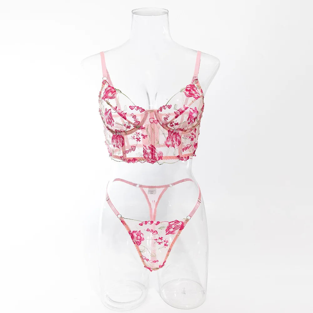 Women's Sexy Sweet Perspective Intimates Set Female Mesh Transparent Pink Flower Embroidered Steel Ring Fishbone Underwear Suit