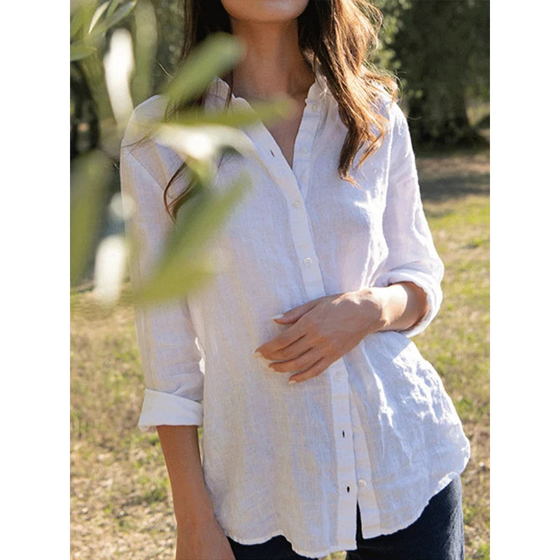 100% Linen White Shirts And Blouses Turn Down Collar Long Sleeve Tops  Chic Elegant Ol Women'S Shirt Camisas De Mujer