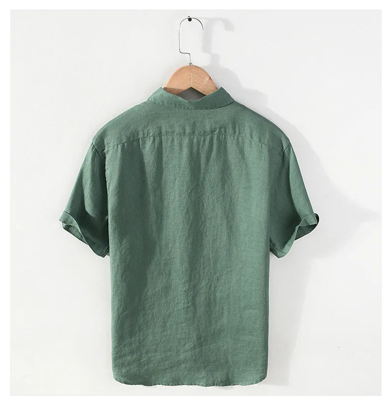 923 100% Linen Men's Summer Fashion Shirt High Quality Solid Color Simple Casual Short Sleeve Blouses Basic Thin Breathable Tops