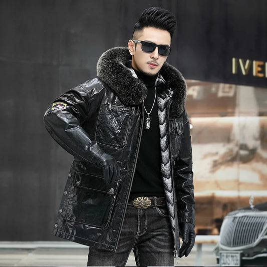 Mens Genuine Leather Jacket Men Top Layer Cowhide Hooded Coat Rabbit Fur Lining Trendy Parka Male Fox Collar Clothing