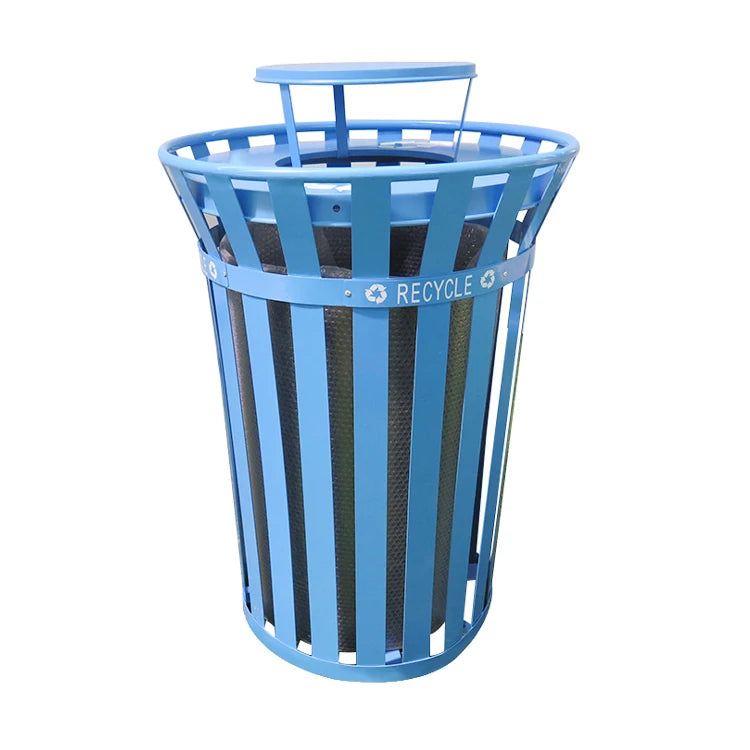 popular blue color round steel iron big garbage can container outdoor garden dustbin metal commercial waste trash bins for parks