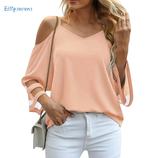 Women'S 3/4 Sleeve Tops Fashion Loose V-Neck Solid Color Casual Shoulder Strap Top Daily Commute Elegant All-Match Comfy Tops