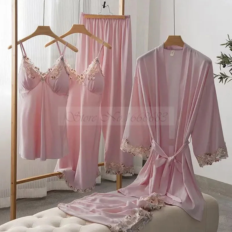 Spring Summer 5PCS PAJAMAS SET Sexy Lace Trim Bath Robe Nightgown Female Satin Cami Pijamas Suit Loose Home Clothes Lounge wear