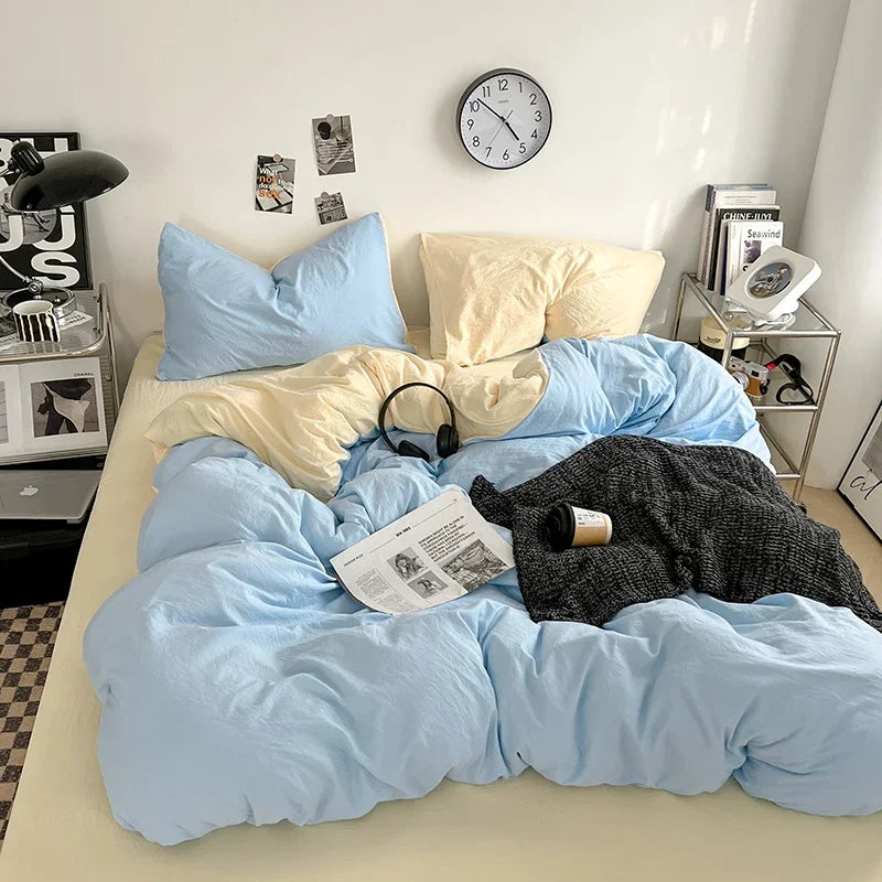 Solid Color Duvet Cover Set 100% Washed Cotton Bedding Set Super Soft Comfortable Lightweight Comforter Cover with 2 Pillowcases