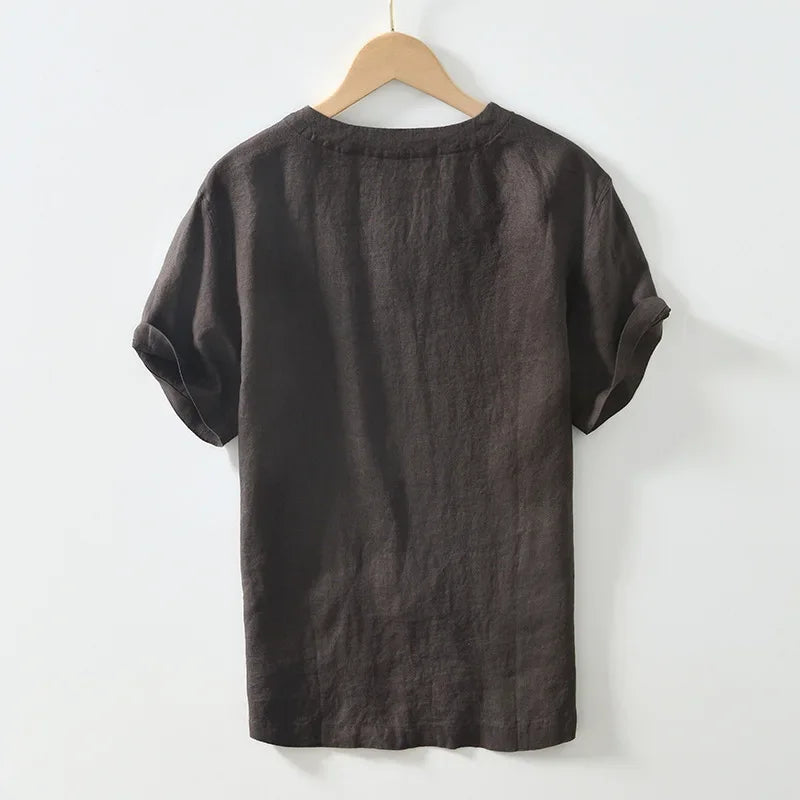 Summer New 100% Linen Short Sleeve T Shirt for Men Casual Thin Solid Color Slim Men Clothing BL998