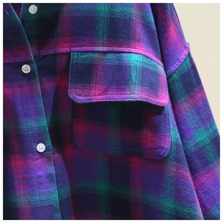 Fashion Women's Blouses Contrasting Colors Plaid Polo-Neck Shirt Female 2022 Autumn Korean Loose Long Sleeve Casual Pockets Tops