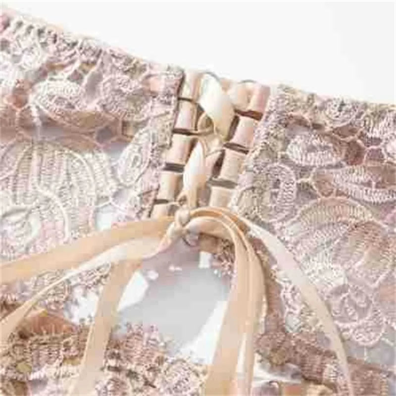 Aduloty Women Sexy Underwear Exquisite Embroidery Lace Satin Splice Thin Bra Seduction Erotic Lingerie Lace Up Three Piece Set