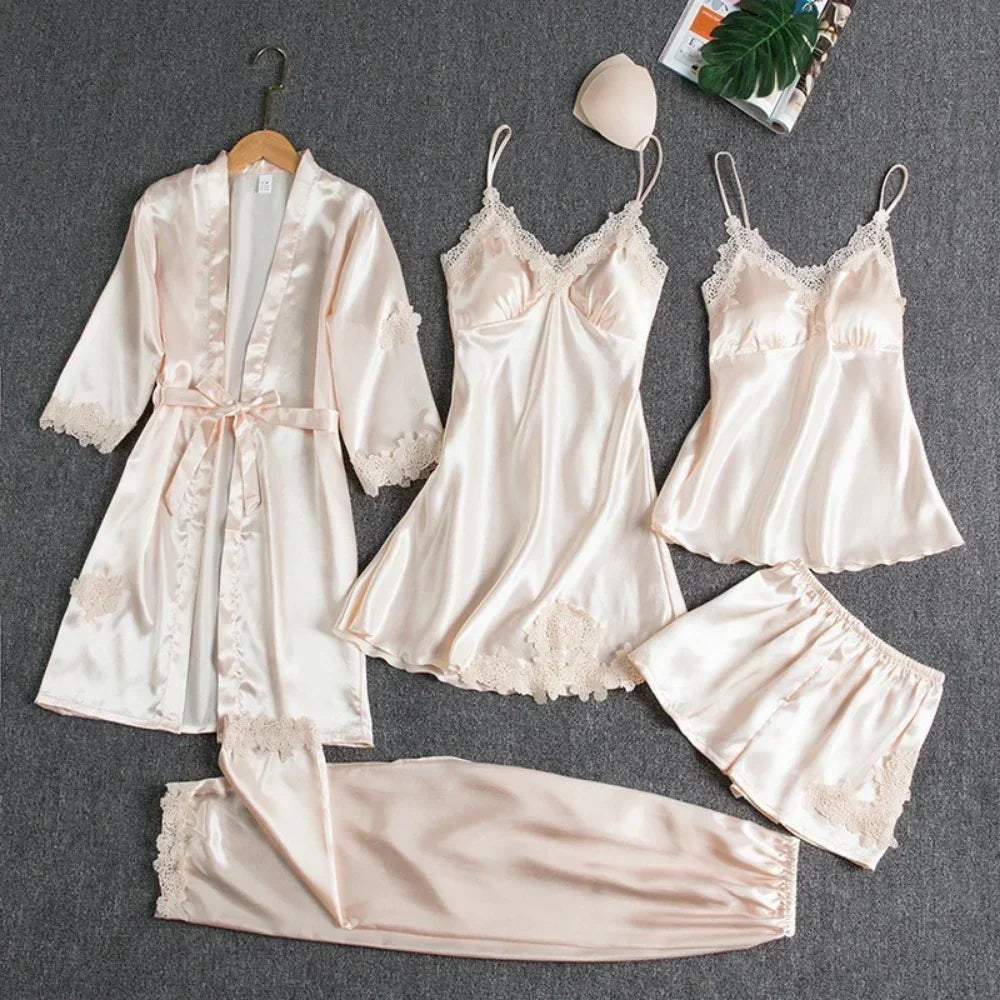 5Pcs Ice Silk Robe Sleep Pajama Set Women's Ventilate Lace Satin Pajamas Gown V-Neck Casual Wear Home Nightwear Spring Sleepwear