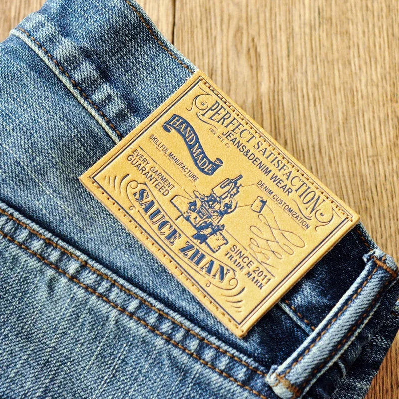 Saucezhan Mens Jeans Distressed  Moustache Effect Wash  Selvedge Denim Jeans  Motorcycle Regular Fit Straight Leg 14 Oz