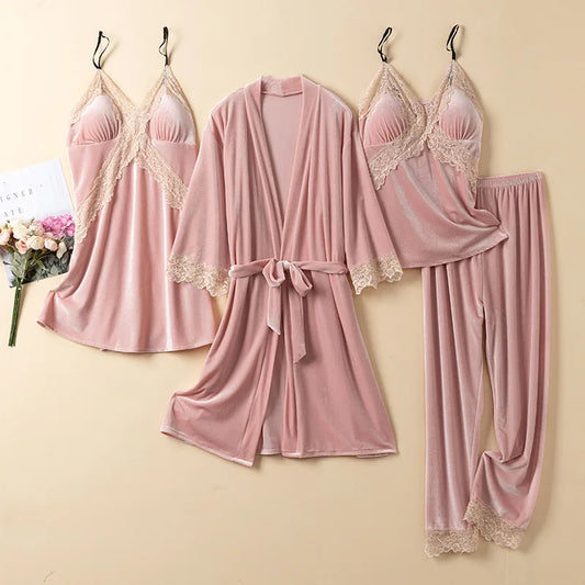 Women Velvet 4PCS Pajamas Set Sleepwear Autumn Winter Sexy Lace Trim Bathrobe Nightgown Loose Velour Pyjama Pour Femme Home Wear