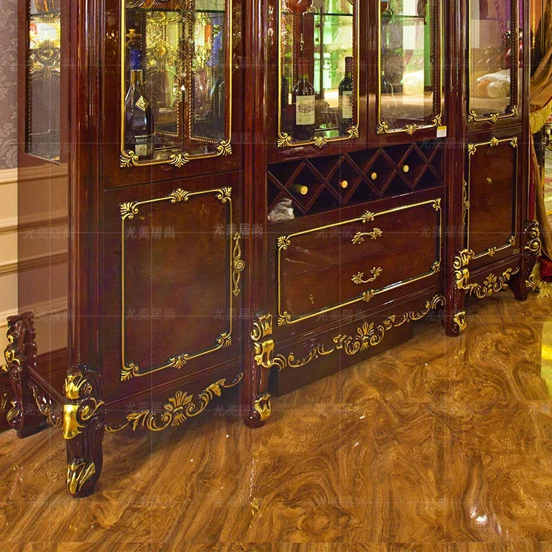 Wine Cabinet Solid Wood Carved Gold Painting Home Living Room Wall Wine Cabinet Sideboard Cabinet High-End American Wine