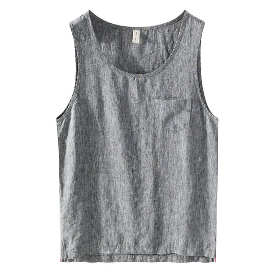 100% Linen Sleeveless Tank Top for Men Summer Solid Breathable Vest Tees Casual Man Vests