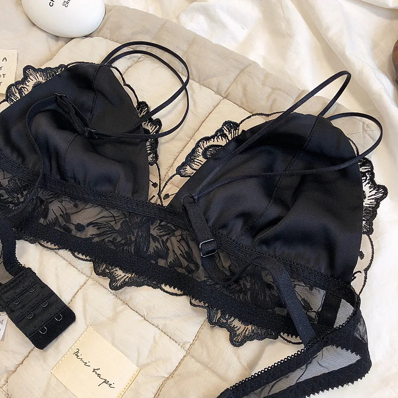 Small Ultra-Thin Bra Set Wireless Bralette Panties Triangle Cup Lingerie For Women Sexy Satin Vintage Lace Princess Underwear