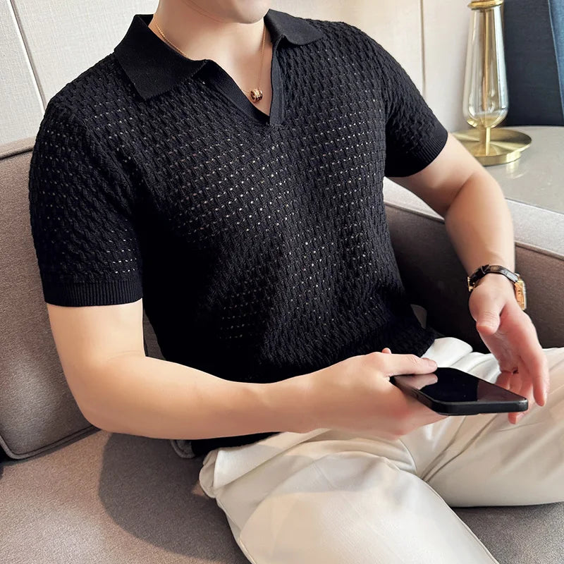 Summer Breathable Polo Shirts Men Korean Luxury Clothing V Neck Short EnglishCaliGenetics