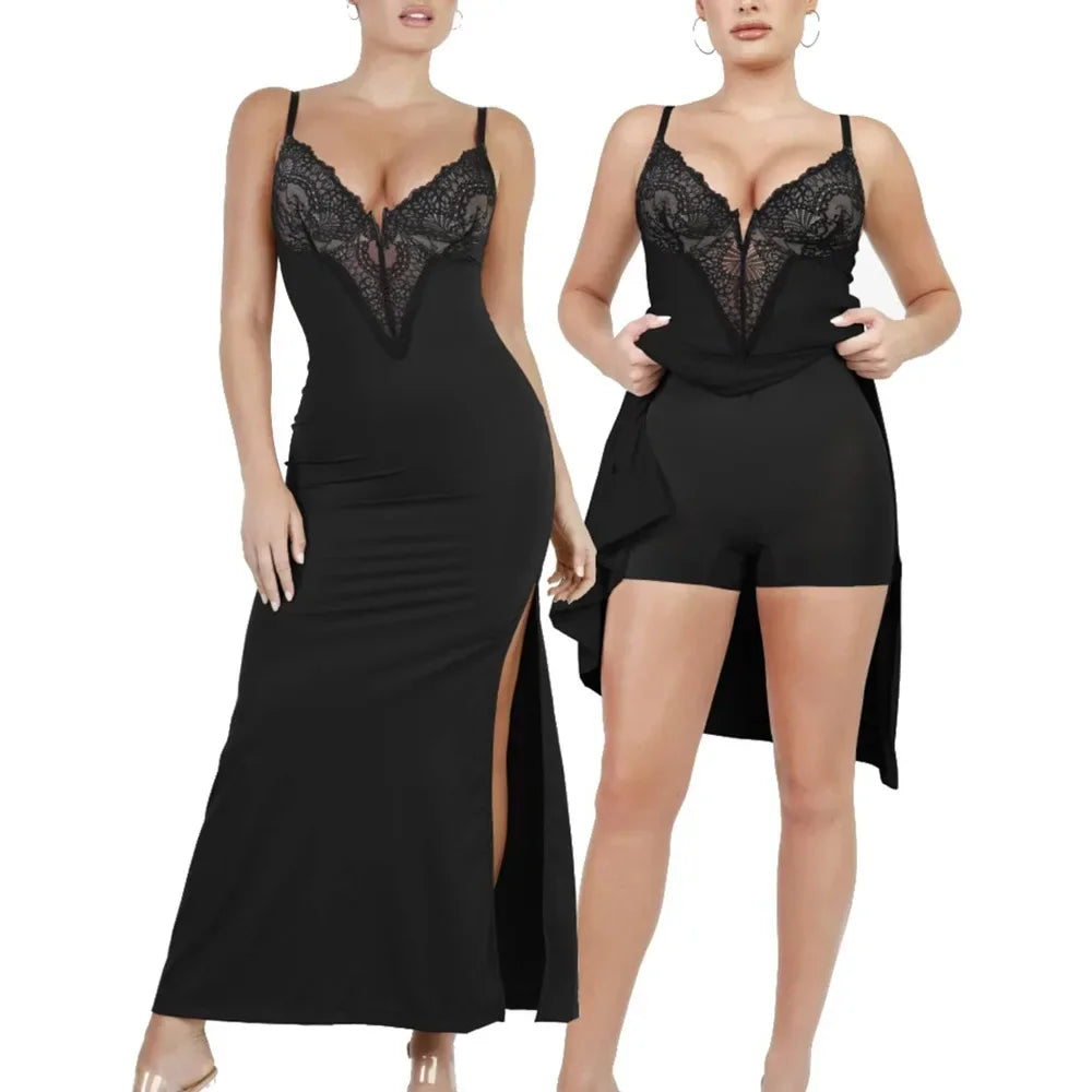 Bodycon Dress Deep V Neck Lace Satin Drape Strapless Slit Bodycon Cocktail Maxi Dress for Women