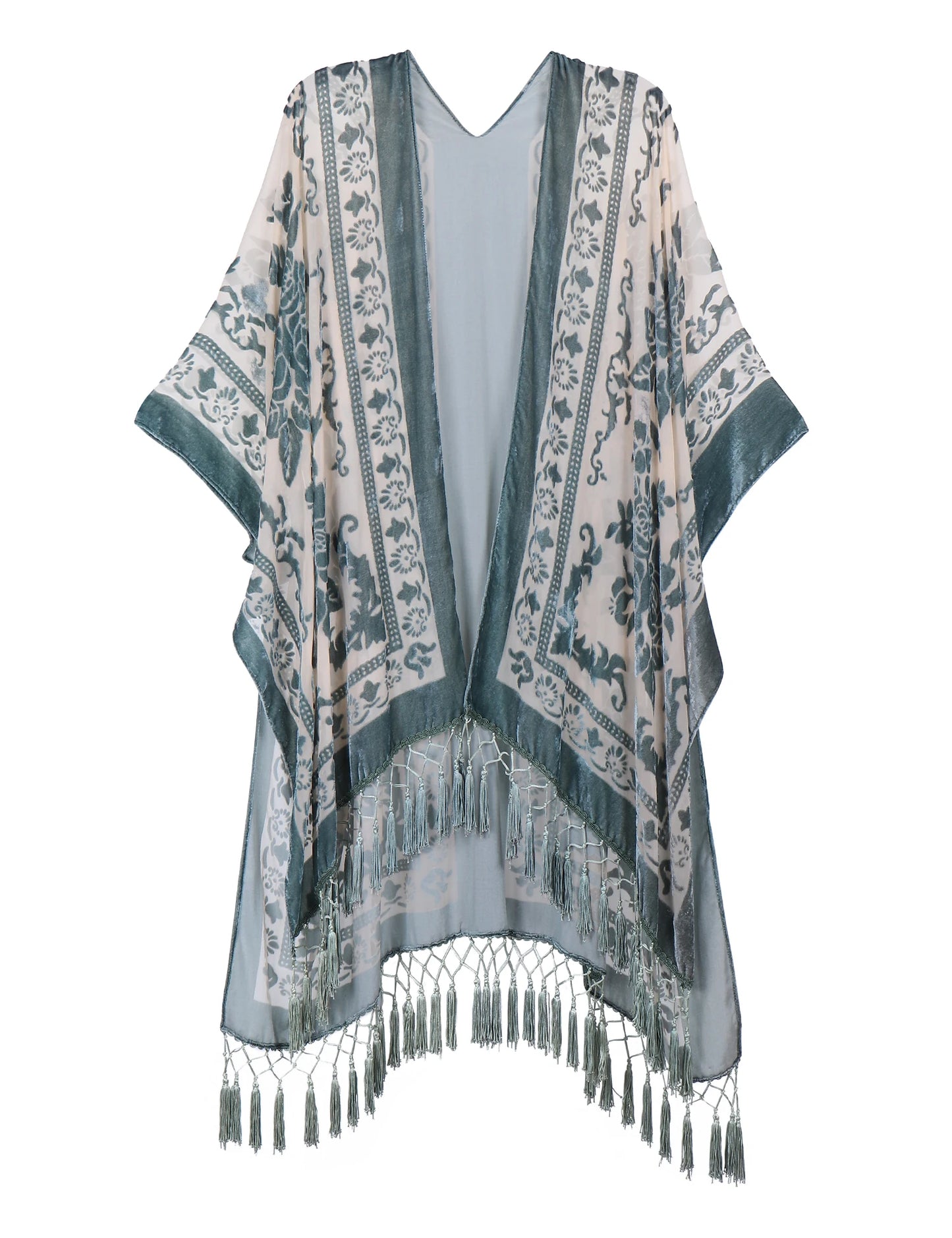 WeHello Burnout Velvet Kimono For Women Luxury Fashion Long Cardigan With Tassel Beach Cover-up Holiday Cardigan Shawl