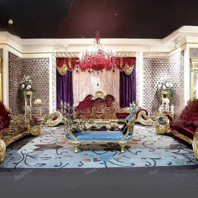 French luxury carved solid wood sofa villa palace gold foil sofa European living room fabric sofa furniture customization