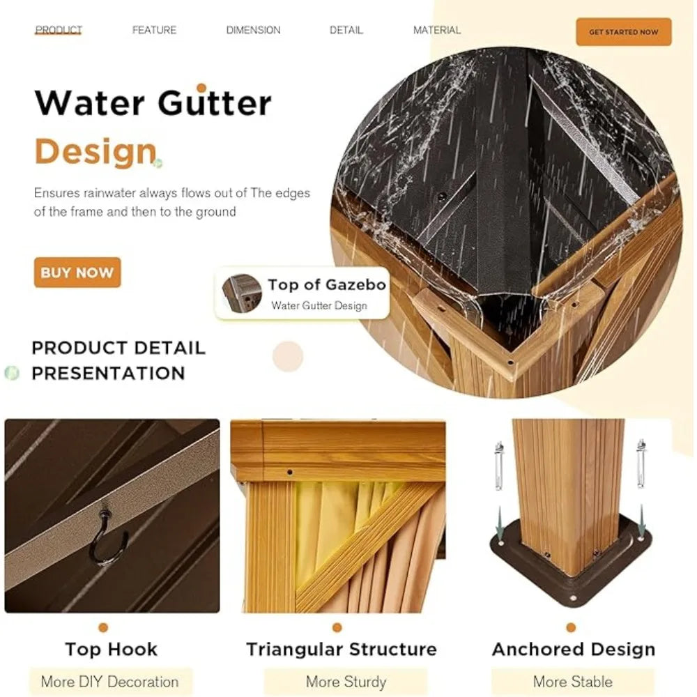 14 'x 22' wooden hardtop pavilion, galvanized steel double-layer roof, aluminum frame, with mesh and curtains