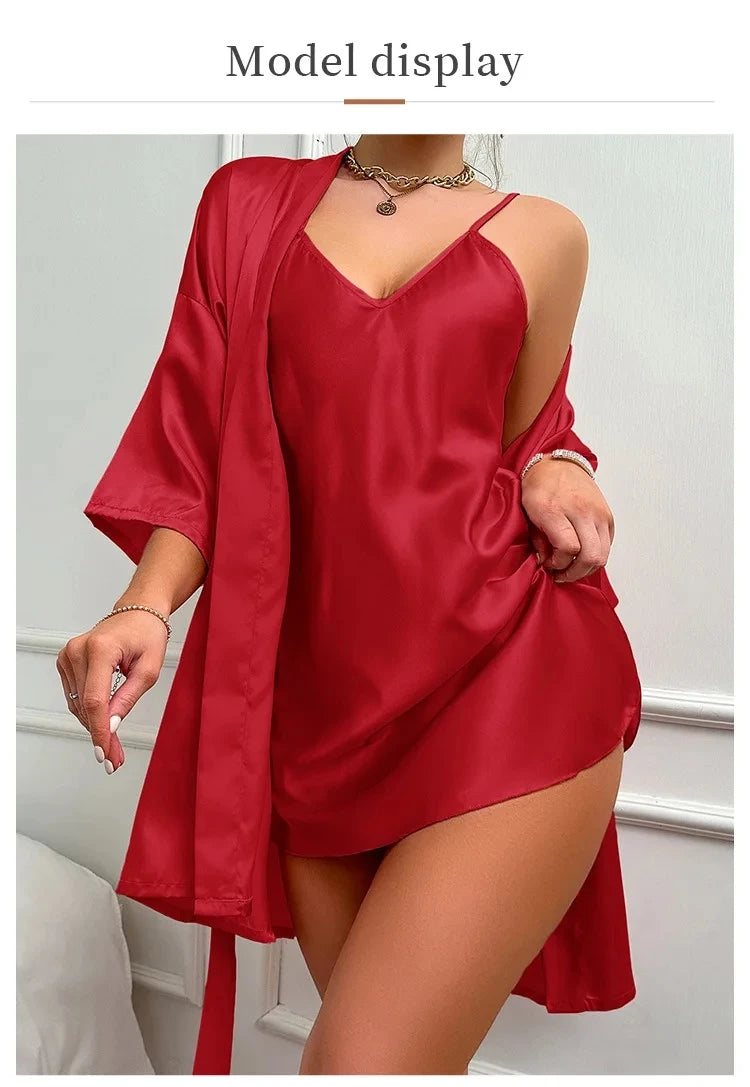 Silk Satin Women Nightgown Set Sleeveless V Neck Dress & Quarters Sleeves Waist Belt Robe 2 Pieces Female Sleepwear Nightwear